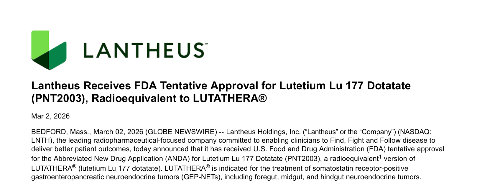 Lantheus藥品 PNT2003 獲 FDA&nbsp;暫時性核准