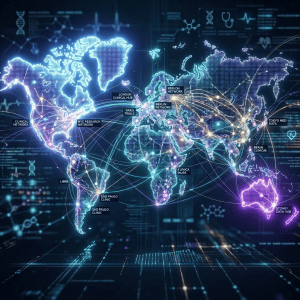 World map with labeled clinical networks and data flow lines connecting major research hubs